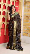 Black color bandhni silk saree with khadi printed work