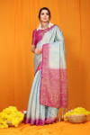 Sky blue color muslin silk saree with zari woven work