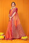 Orange color muslin silk saree with zari woven work