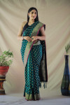 Dark  green color banarasi silk saree with golden zari weaving work