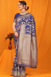 Navy blue color kanchipuram handloom silk saree with golden zari work