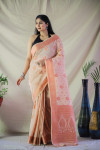 Baby pink color tussar silk saree with golden zari weaving work