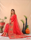 Red color soft banarasi silk saree with gold zari weaving work