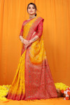 Yellow color balatan silk saree with zari weaving work