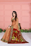 Brown color soft bandhani saree with khadi printed work