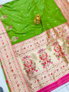 Parrot green color paithani silk saree with gold zari weaving work