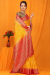Yellow color balatan silk saree with zari weaving work