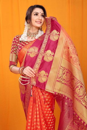 Orange color soft banarasi silk saree with zari weaving work