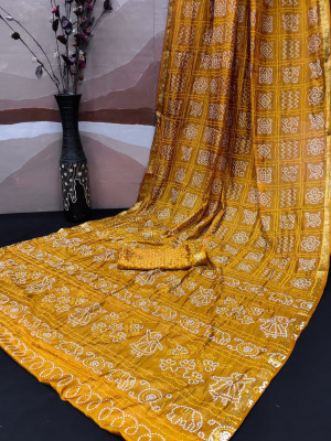 Yellow color soft bandhani silk saree with khadi printed work