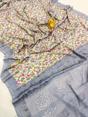 Gray color soft cotton saree with perinted work