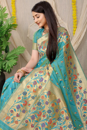 Rama green color soft kanchipuram silk saree with zari work