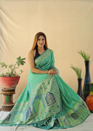 Green color soft banarasi silk saree with gold zari weaving work