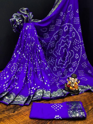 Royal blue color pure hand bandhej silk saree with printed work