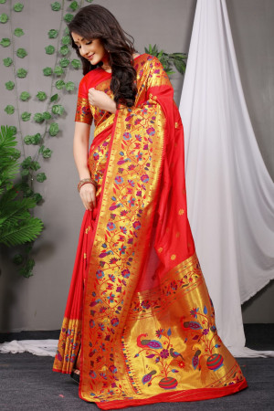 Red color soft paithani silk saree with golden zari weaving work