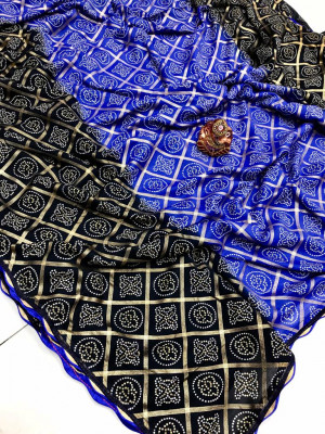 Royal blue & Black color soft cotton saree with printed work