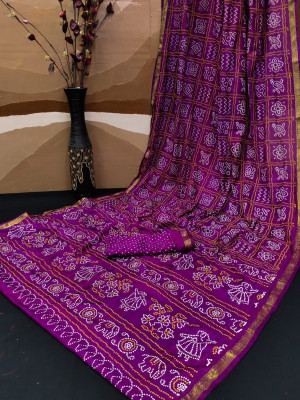 Magenta color soft bandhani silk saree with khadi printed work
