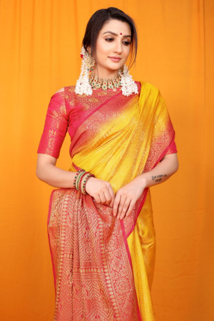 Yellow color soft muslin silk saree with zari weaving work