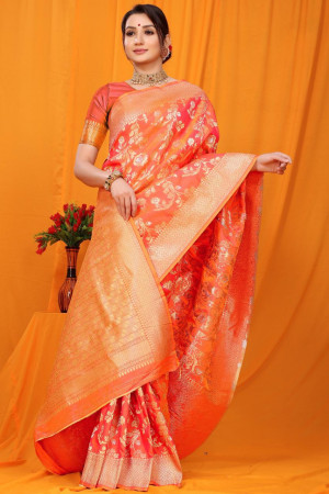 Peach color kanchipuram handloom silk saree with golden zari work