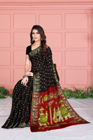 Black color soft bandhani saree with khadi printed work