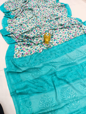 Sea green color soft cotton saree with perinted work