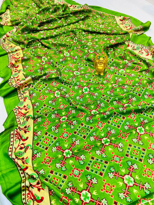 Mehndi green color soft cotton saree with printed work