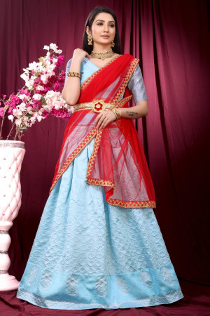 Sky blue color beautiful zari weaving lehenga