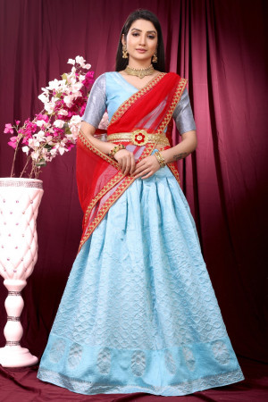 Sky blue color beautiful zari weaving lehenga