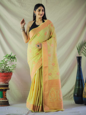 Yellow color tussar silk saree with golden zari weaving work