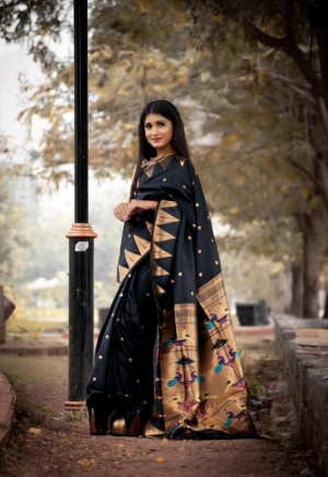 Black color soft paithani silk saree with golden zari weaving work