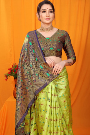 Parrot green color balatan silk saree with zari weaving work