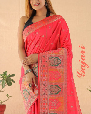 Gajari color soft banarasi silk saree with gold zari weaving work