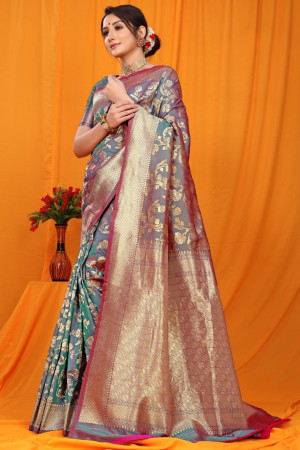 Rama green color kanchipuram handloom silk saree with golden zari work