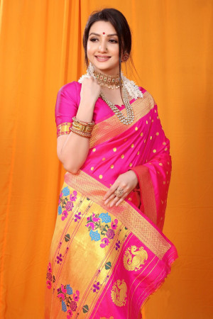 Pink color soft paithani silk saree with zari weaving work