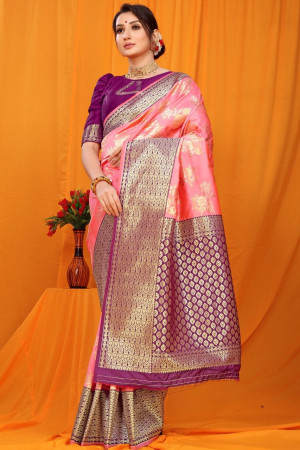 Peach color kanchipuram pure silk handloom saree with weaving work