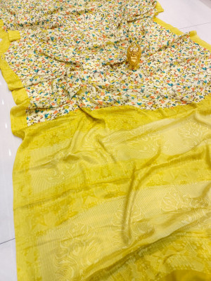 Yellow color soft cotton saree with perinted work