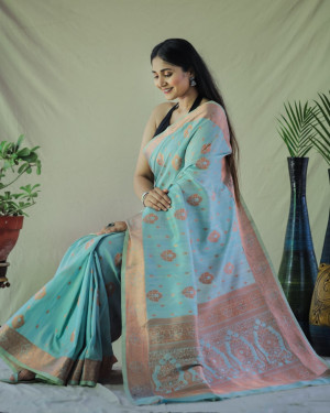 Sky color tussar silk saree with golden zari weaving work