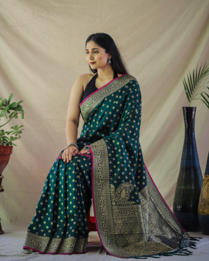 Dark  green color banarasi silk saree with golden zari weaving work