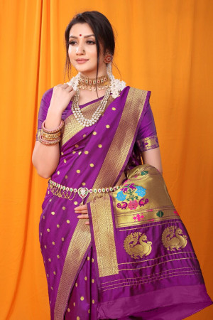 Magenta color soft paithani silk saree with zari weaving work