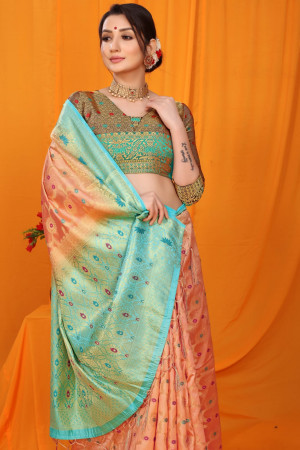 Peach color balatan silk saree with zari weaving work