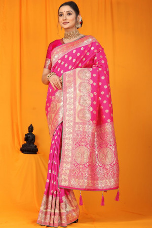 Rani pink color kanchipuram handloom silk saree with zari work
