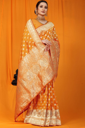 Mustard yellow color kanchipuram handloom silk saree with zari work