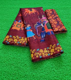 Multi color linen saree with kalankari printed work
