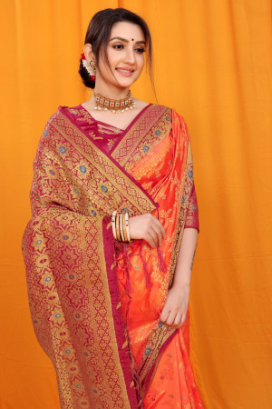 Orange color balatan silk saree with zari weaving work