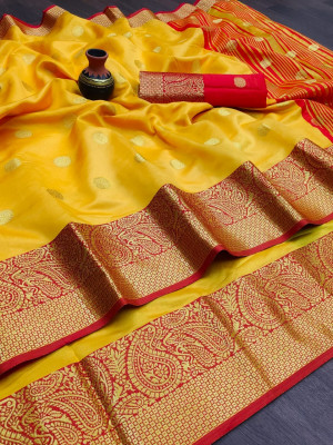 Yellow color soft lichi silk saree with zari weaving work