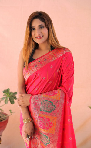 Pink color soft banarasi silk saree with gold zari weaving work