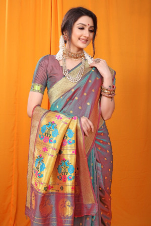 Rama green color soft paithani silk saree with zari weaving work