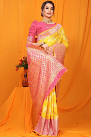 Yellow color kanchipuram pure silk handloom saree with weaving work