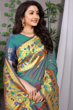 Rama green color soft paithani silk saree with golden zari weaving work