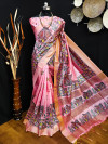 Baby pink color tussar silk saree with Madhubani printed work