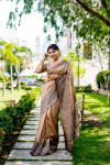 Beige color handloom raw silk saree with woven design